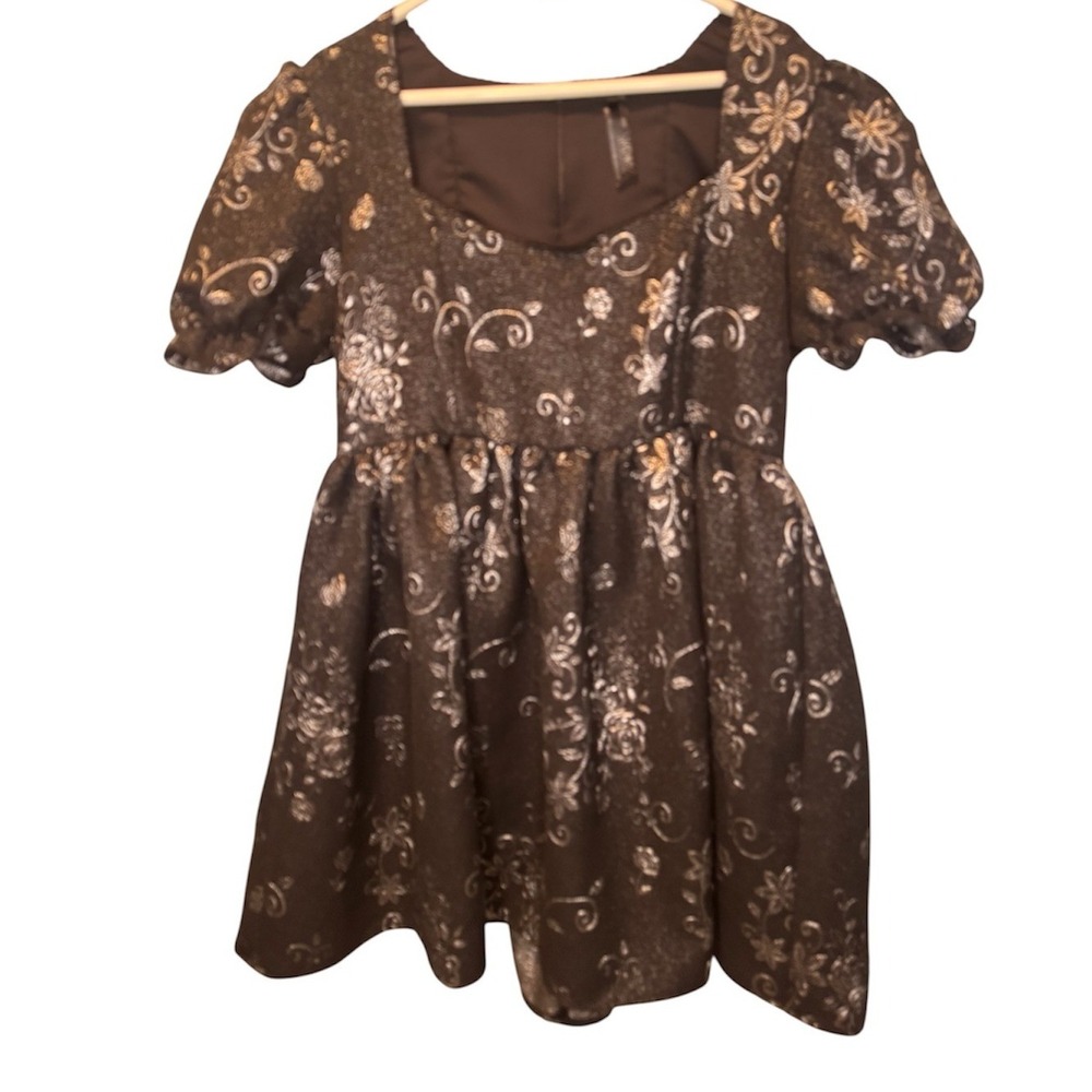 Widow Dolls Kill Black Silver Metallic Brocade Floral Babydoll Mini Dress‎ 1x